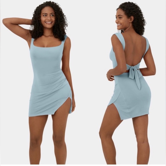 Halara Ruched Backless Tie Back Side Slit Mini Casual Dress Sterling Blue Small - Picture 2 of 5
